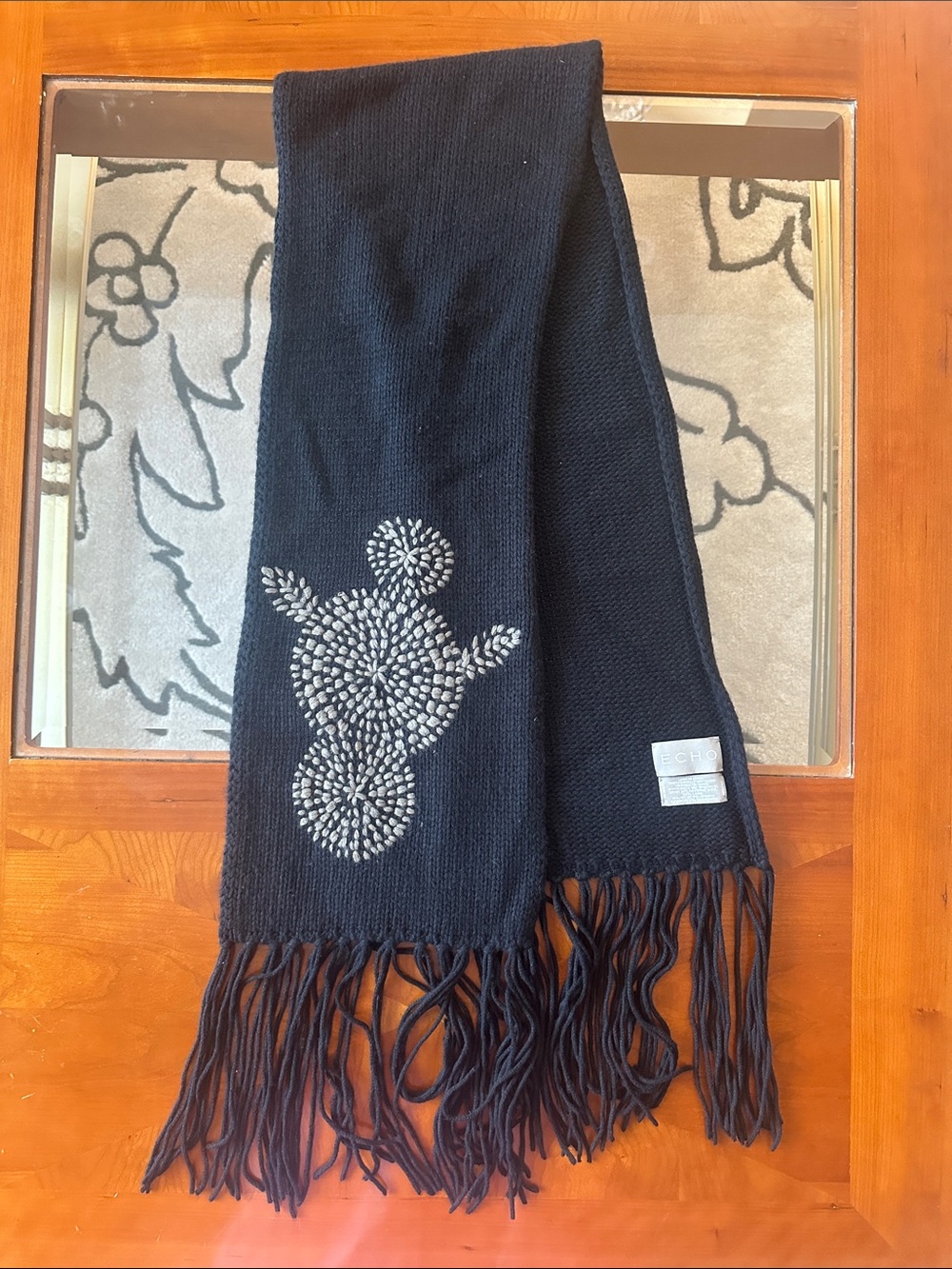 Echo Black Knit Fringe Scarf with Logo Tag